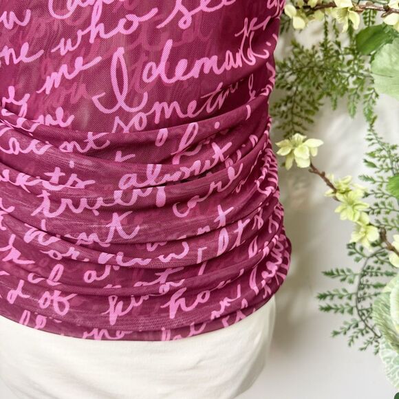 Maeve Off-The-Shoulder Ruched Mesh Script Top Burgundy Pink XL Anthropologie - Picture 4 of 11